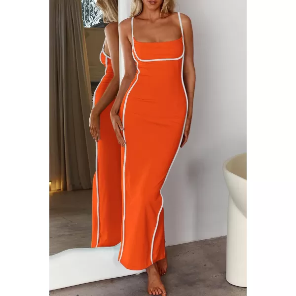 imagePRETTYGARDEN Womens Summer Long Bodycon Dress Spaghetti Strap Sleeveless Back Slit Maxi DressesOrange