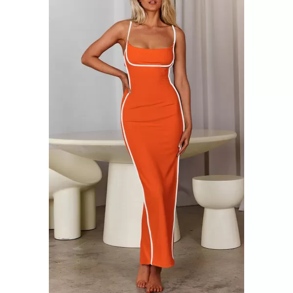 imagePRETTYGARDEN Womens Summer Long Bodycon Dress Spaghetti Strap Sleeveless Back Slit Maxi DressesOrange