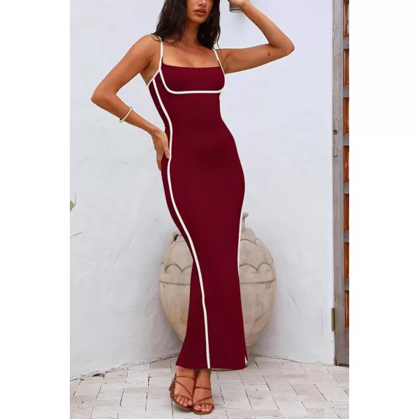 imagePRETTYGARDEN Womens Summer Long Bodycon Dress Spaghetti Strap Sleeveless Back Slit Maxi DressesWine Red