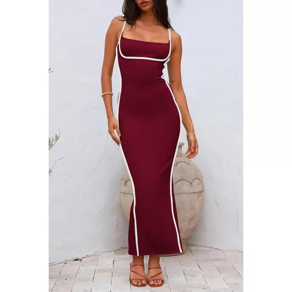 imagePRETTYGARDEN Womens Summer Long Bodycon Dress Spaghetti Strap Sleeveless Back Slit Maxi DressesWine Red