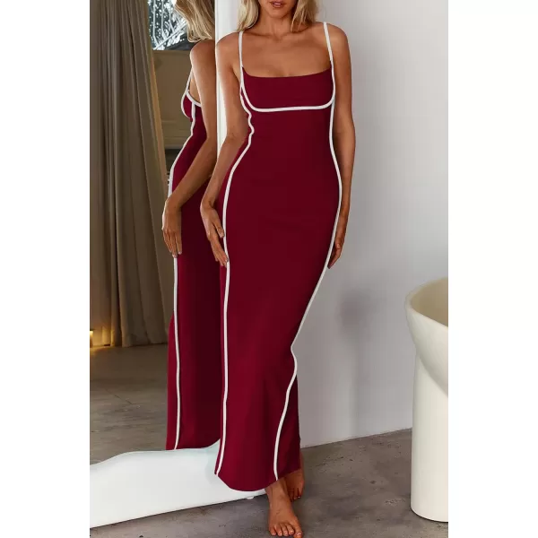 imagePRETTYGARDEN Womens Summer Long Bodycon Dress Spaghetti Strap Sleeveless Back Slit Maxi DressesWine Red