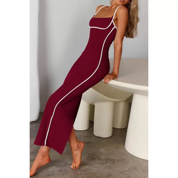 imagePRETTYGARDEN Womens Summer Long Bodycon Dress Spaghetti Strap Sleeveless Back Slit Maxi DressesWine Red