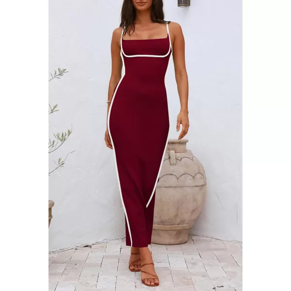imagePRETTYGARDEN Womens Summer Long Bodycon Dress Spaghetti Strap Sleeveless Back Slit Maxi DressesWine Red
