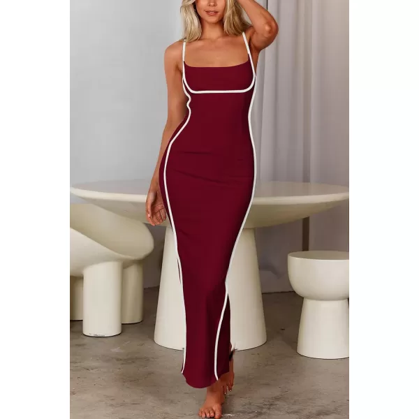 imagePRETTYGARDEN Womens Summer Long Bodycon Dress Spaghetti Strap Sleeveless Back Slit Maxi DressesWine Red