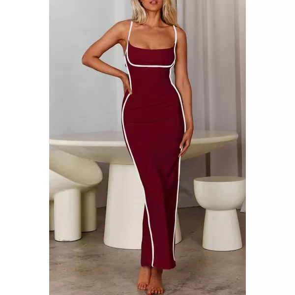 imagePRETTYGARDEN Womens Summer Long Bodycon Dress Spaghetti Strap Sleeveless Back Slit Maxi DressesWine Red