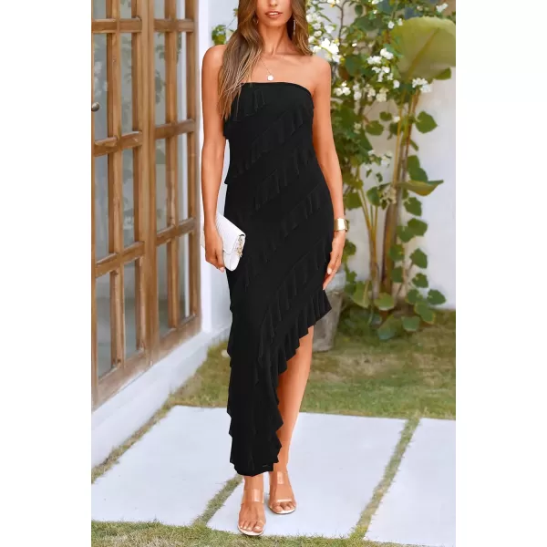 imagePRETTYGARDEN Womens Summer Long Formal Cocktail Dress Strapless Tube Asymmetrical Ruffle Maxi Bodycon DressesBlack