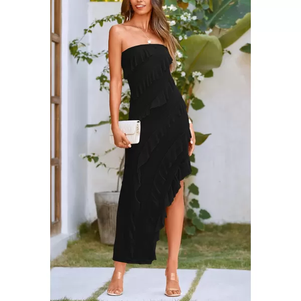 imagePRETTYGARDEN Womens Summer Long Formal Cocktail Dress Strapless Tube Asymmetrical Ruffle Maxi Bodycon DressesBlack