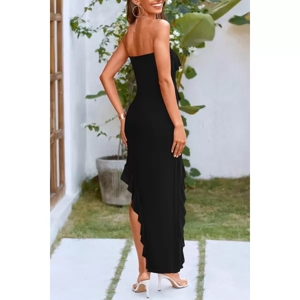 imagePRETTYGARDEN Womens Summer Long Formal Cocktail Dress Strapless Tube Asymmetrical Ruffle Maxi Bodycon DressesBlack