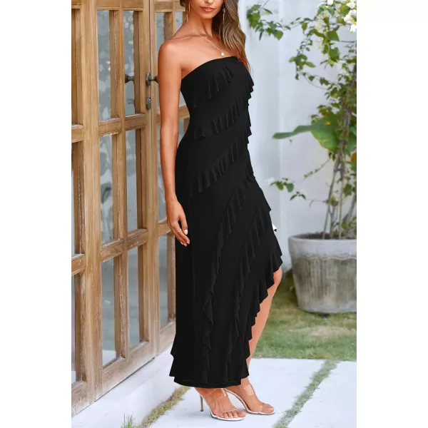 imagePRETTYGARDEN Womens Summer Long Formal Cocktail Dress Strapless Tube Asymmetrical Ruffle Maxi Bodycon DressesBlack