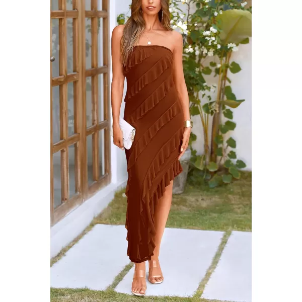 imagePRETTYGARDEN Womens Summer Long Formal Cocktail Dress Strapless Tube Asymmetrical Ruffle Maxi Bodycon DressesCaramel