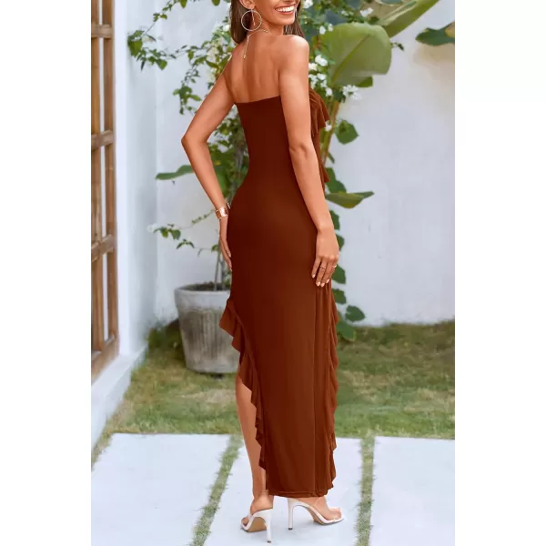 imagePRETTYGARDEN Womens Summer Long Formal Cocktail Dress Strapless Tube Asymmetrical Ruffle Maxi Bodycon DressesCaramel
