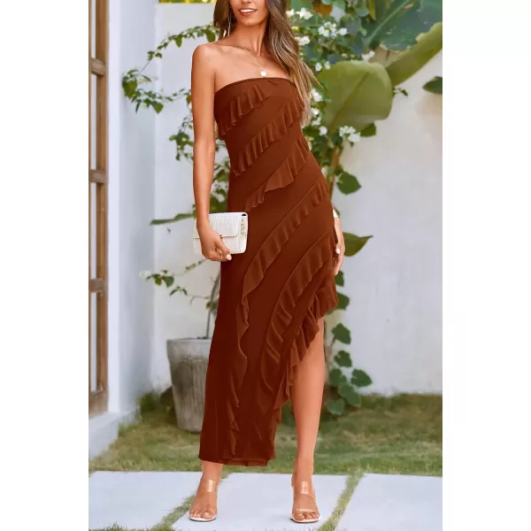 imagePRETTYGARDEN Womens Summer Long Formal Cocktail Dress Strapless Tube Asymmetrical Ruffle Maxi Bodycon DressesCaramel