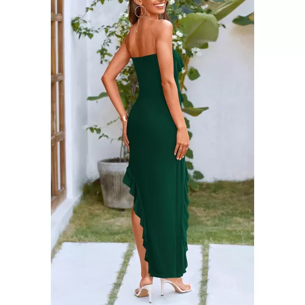 imagePRETTYGARDEN Womens Summer Long Formal Cocktail Dress Strapless Tube Asymmetrical Ruffle Maxi Bodycon DressesDark Green