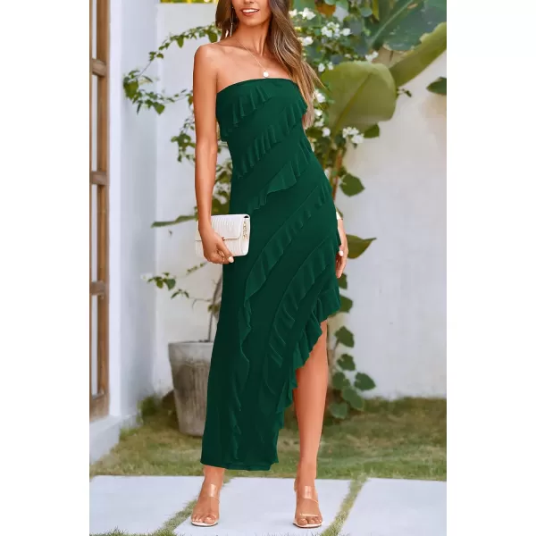 imagePRETTYGARDEN Womens Summer Long Formal Cocktail Dress Strapless Tube Asymmetrical Ruffle Maxi Bodycon DressesDark Green