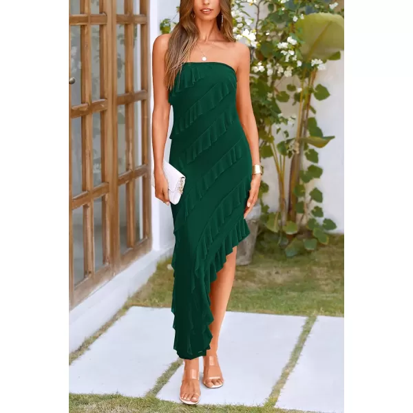 imagePRETTYGARDEN Womens Summer Long Formal Cocktail Dress Strapless Tube Asymmetrical Ruffle Maxi Bodycon DressesDark Green