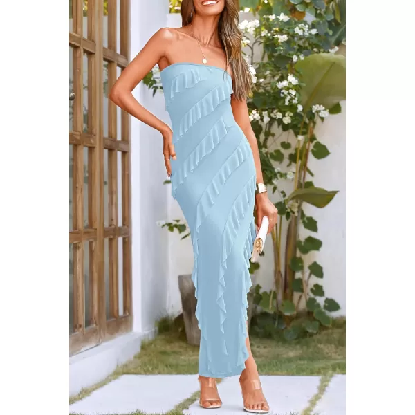 imagePRETTYGARDEN Womens Summer Long Formal Cocktail Dress Strapless Tube Asymmetrical Ruffle Maxi Bodycon DressesLight Blue