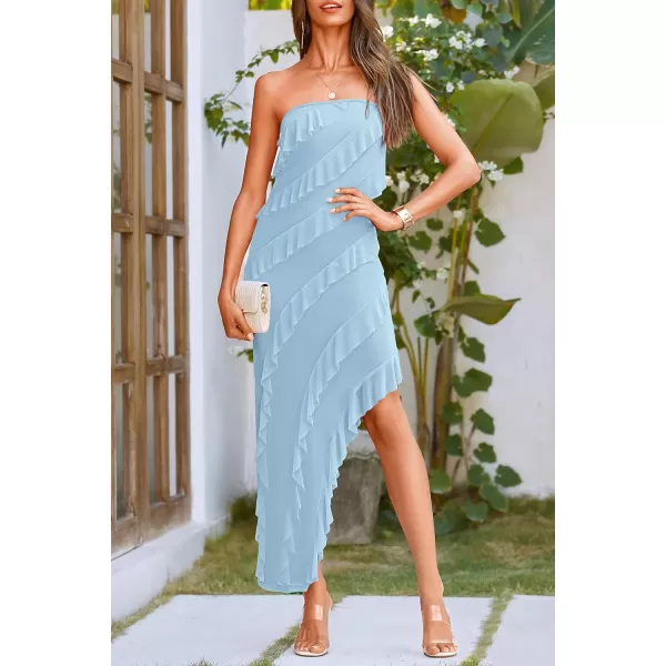 imagePRETTYGARDEN Womens Summer Long Formal Cocktail Dress Strapless Tube Asymmetrical Ruffle Maxi Bodycon DressesLight Blue