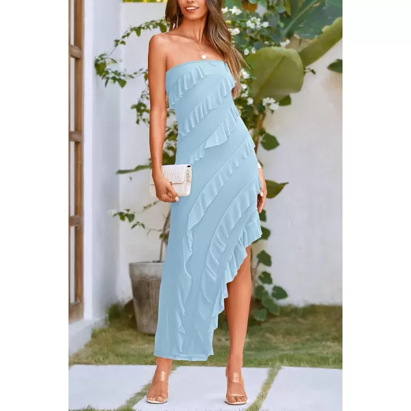 imagePRETTYGARDEN Womens Summer Long Formal Cocktail Dress Strapless Tube Asymmetrical Ruffle Maxi Bodycon DressesLight Blue