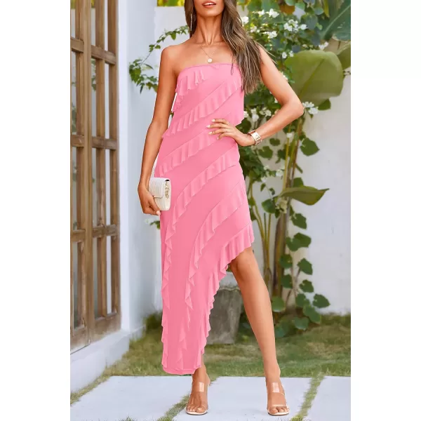 imagePRETTYGARDEN Womens Summer Long Formal Cocktail Dress Strapless Tube Asymmetrical Ruffle Maxi Bodycon DressesLight Pink