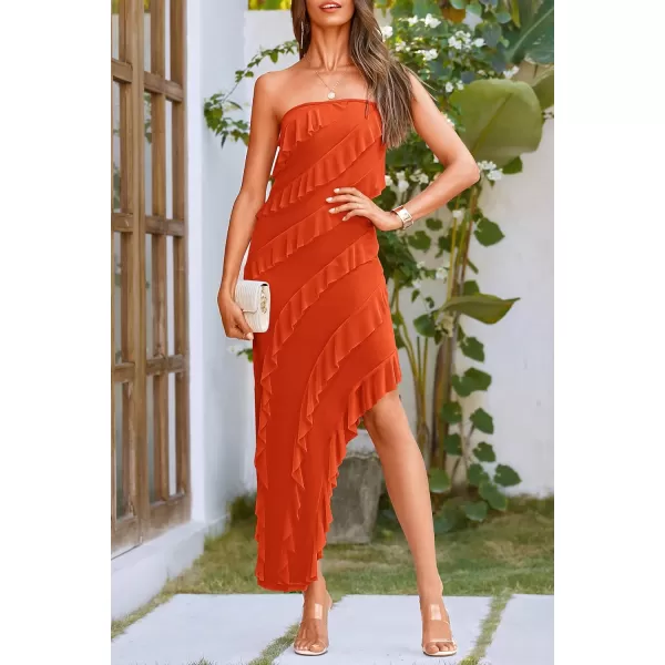 imagePRETTYGARDEN Womens Summer Long Formal Cocktail Dress Strapless Tube Asymmetrical Ruffle Maxi Bodycon DressesOrange