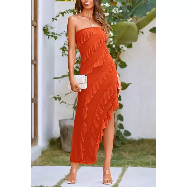 imagePRETTYGARDEN Womens Summer Long Formal Cocktail Dress Strapless Tube Asymmetrical Ruffle Maxi Bodycon DressesOrange