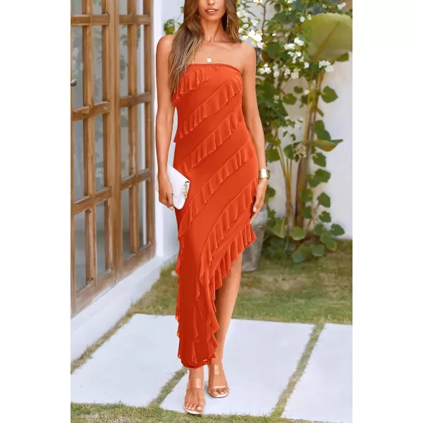 imagePRETTYGARDEN Womens Summer Long Formal Cocktail Dress Strapless Tube Asymmetrical Ruffle Maxi Bodycon DressesOrange