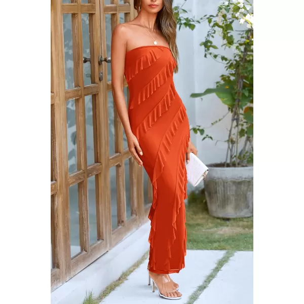 imagePRETTYGARDEN Womens Summer Long Formal Cocktail Dress Strapless Tube Asymmetrical Ruffle Maxi Bodycon DressesOrange