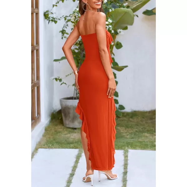 imagePRETTYGARDEN Womens Summer Long Formal Cocktail Dress Strapless Tube Asymmetrical Ruffle Maxi Bodycon DressesOrange