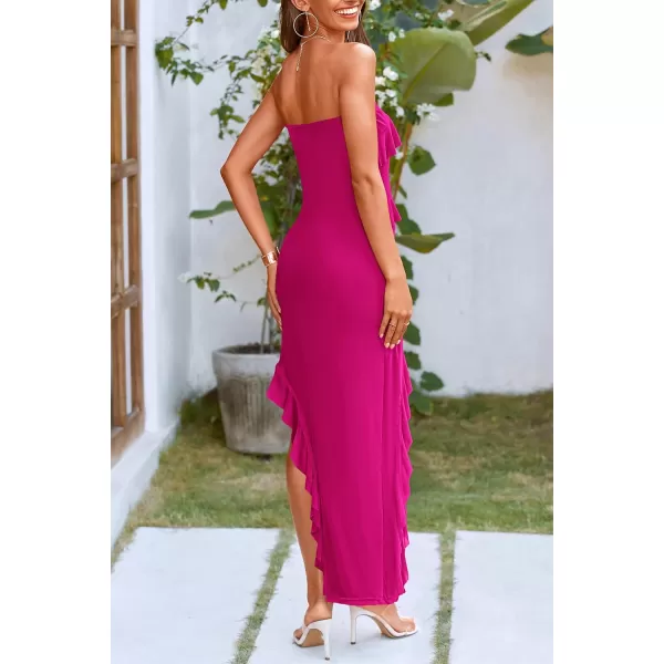 imagePRETTYGARDEN Womens Summer Long Formal Cocktail Dress Strapless Tube Asymmetrical Ruffle Maxi Bodycon DressesRose Red