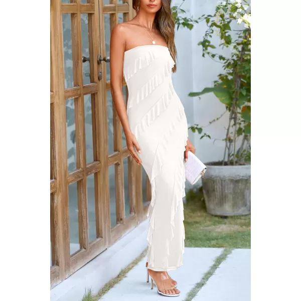 imagePRETTYGARDEN Womens Summer Long Formal Cocktail Dress Strapless Tube Asymmetrical Ruffle Maxi Bodycon DressesWhite