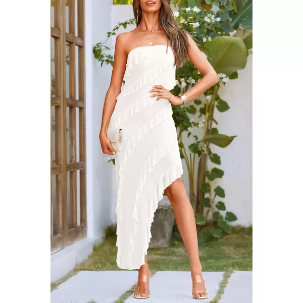 imagePRETTYGARDEN Womens Summer Long Formal Cocktail Dress Strapless Tube Asymmetrical Ruffle Maxi Bodycon DressesWhite