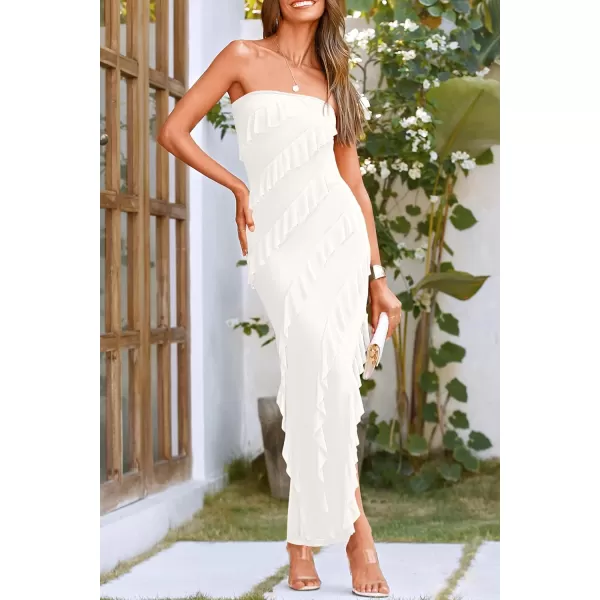 imagePRETTYGARDEN Womens Summer Long Formal Cocktail Dress Strapless Tube Asymmetrical Ruffle Maxi Bodycon DressesWhite