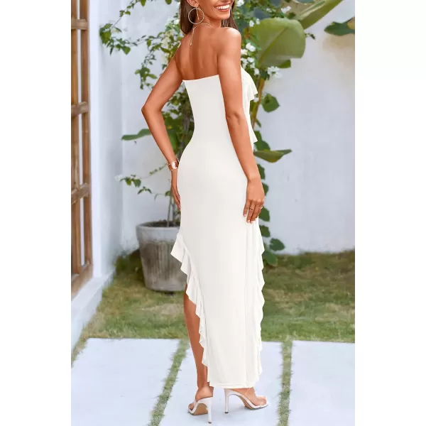 imagePRETTYGARDEN Womens Summer Long Formal Cocktail Dress Strapless Tube Asymmetrical Ruffle Maxi Bodycon DressesWhite