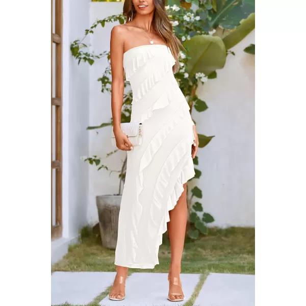 imagePRETTYGARDEN Womens Summer Long Formal Cocktail Dress Strapless Tube Asymmetrical Ruffle Maxi Bodycon DressesWhite