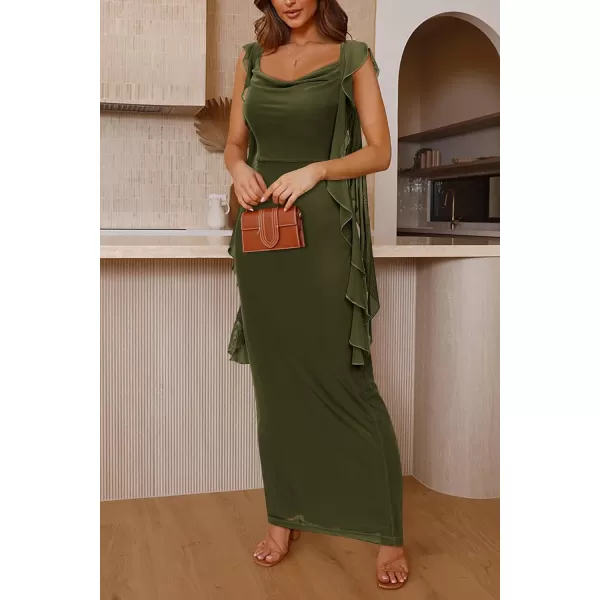 imagePRETTYGARDEN Womens Summer Long Formal Wedding Guest Dress Sleeveless Ruffle Cocktail Party Maxi Bodycon DressesArmy Green