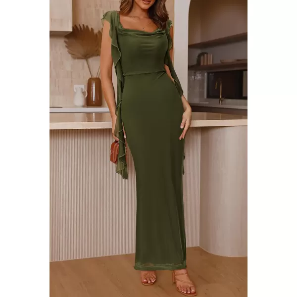 imagePRETTYGARDEN Womens Summer Long Formal Wedding Guest Dress Sleeveless Ruffle Cocktail Party Maxi Bodycon DressesArmy Green
