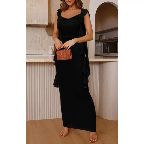imagePRETTYGARDEN Womens Summer Long Formal Wedding Guest Dress Sleeveless Ruffle Cocktail Party Maxi Bodycon DressesBlack