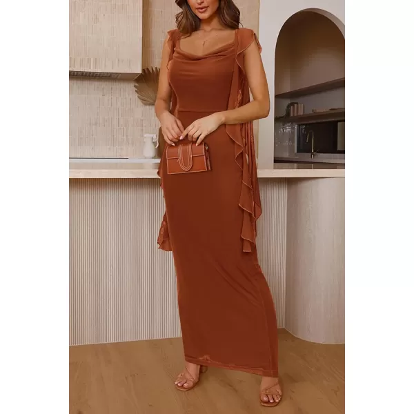 imagePRETTYGARDEN Womens Summer Long Formal Wedding Guest Dress Sleeveless Ruffle Cocktail Party Maxi Bodycon DressesCaramel