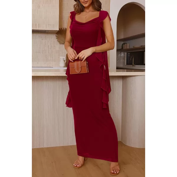 imagePRETTYGARDEN Womens Summer Long Formal Wedding Guest Dress Sleeveless Ruffle Cocktail Party Maxi Bodycon DressesWine Red