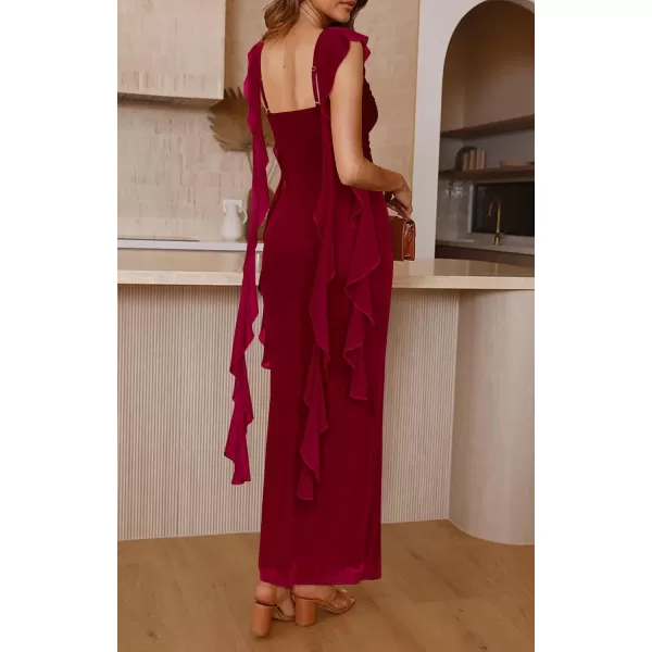 imagePRETTYGARDEN Womens Summer Long Formal Wedding Guest Dress Sleeveless Ruffle Cocktail Party Maxi Bodycon DressesWine Red