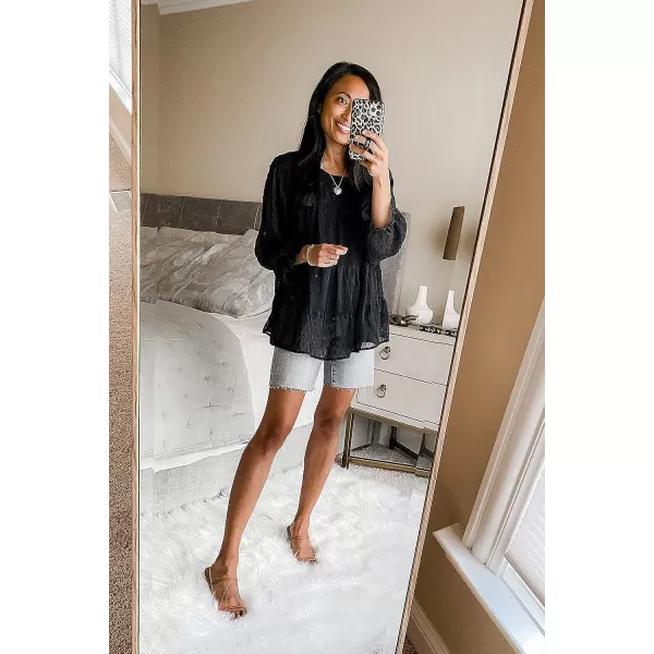 imagePRETTYGARDEN Womens Summer Loose Chiffon Blouse Mesh Long Sleeve Casual Round Neck Peplum TopsBlack