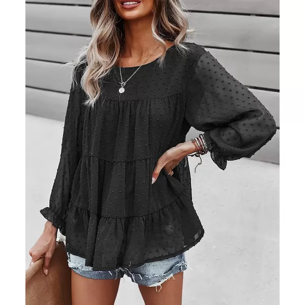 imagePRETTYGARDEN Womens Summer Loose Chiffon Blouse Mesh Long Sleeve Casual Round Neck Peplum TopsBlack