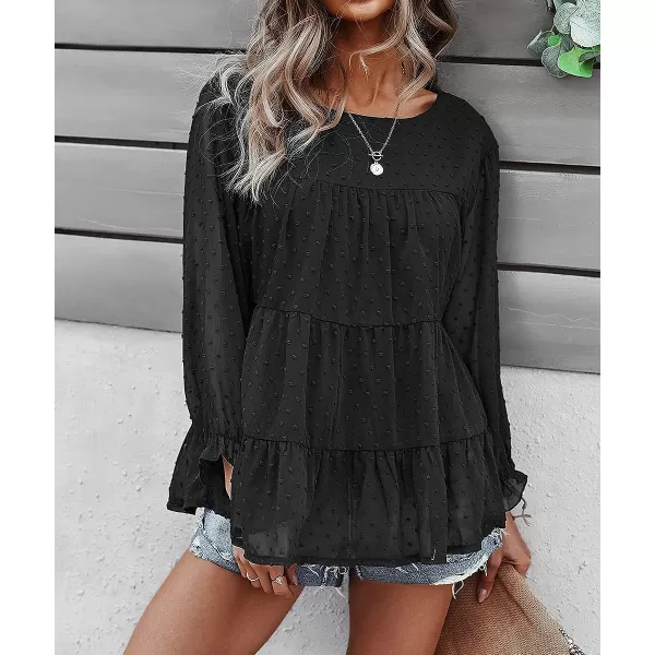 imagePRETTYGARDEN Womens Summer Loose Chiffon Blouse Mesh Long Sleeve Casual Round Neck Peplum TopsBlack