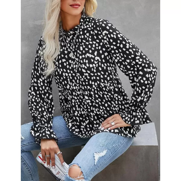 imagePRETTYGARDEN Womens Summer Loose Chiffon Blouse Mesh Long Sleeve Casual Round Neck Peplum TopsBlack White