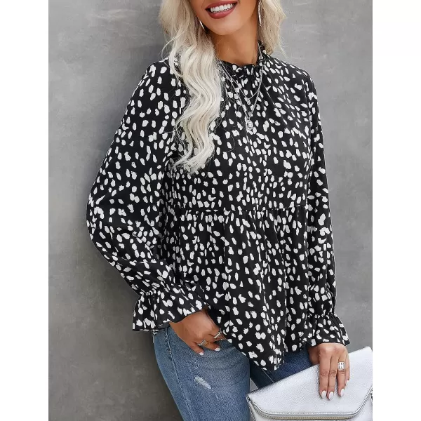 imagePRETTYGARDEN Womens Summer Loose Chiffon Blouse Mesh Long Sleeve Casual Round Neck Peplum TopsBlack White