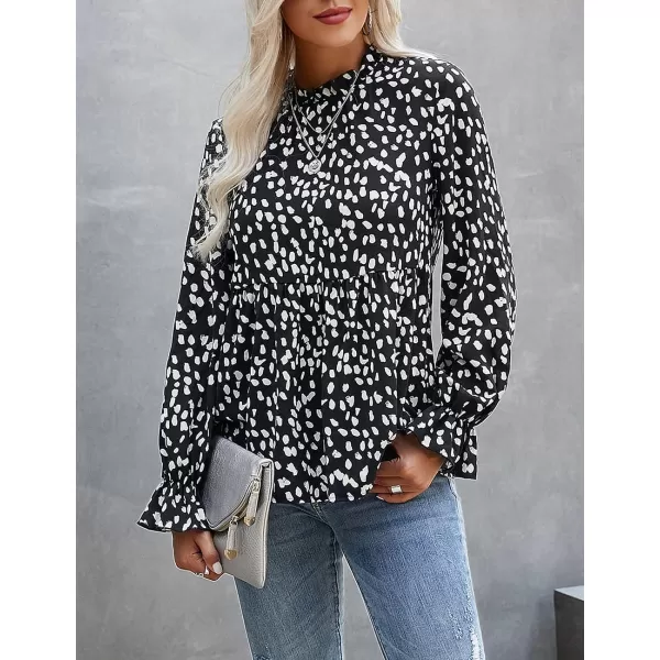 imagePRETTYGARDEN Womens Summer Loose Chiffon Blouse Mesh Long Sleeve Casual Round Neck Peplum TopsBlack White