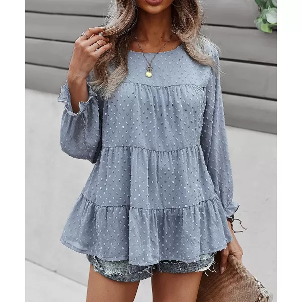 imagePRETTYGARDEN Womens Summer Loose Chiffon Blouse Mesh Long Sleeve Casual Round Neck Peplum TopsBlue