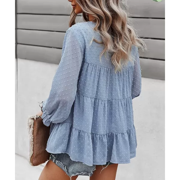 imagePRETTYGARDEN Womens Summer Loose Chiffon Blouse Mesh Long Sleeve Casual Round Neck Peplum TopsBlue