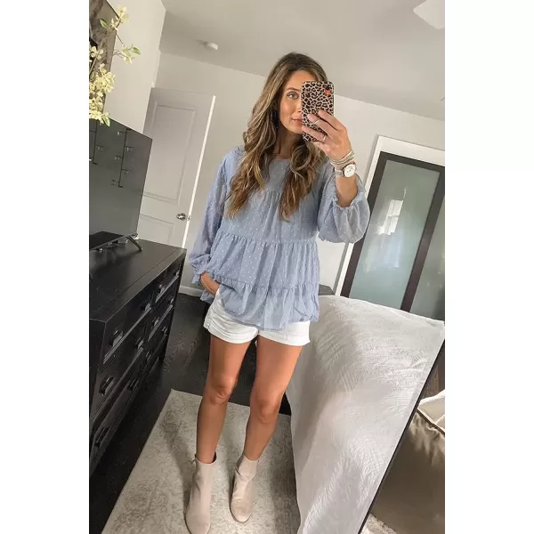 imagePRETTYGARDEN Womens Summer Loose Chiffon Blouse Mesh Long Sleeve Casual Round Neck Peplum TopsBlue