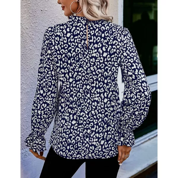 imagePRETTYGARDEN Womens Summer Loose Chiffon Blouse Mesh Long Sleeve Casual Round Neck Peplum TopsBlue White Leopard